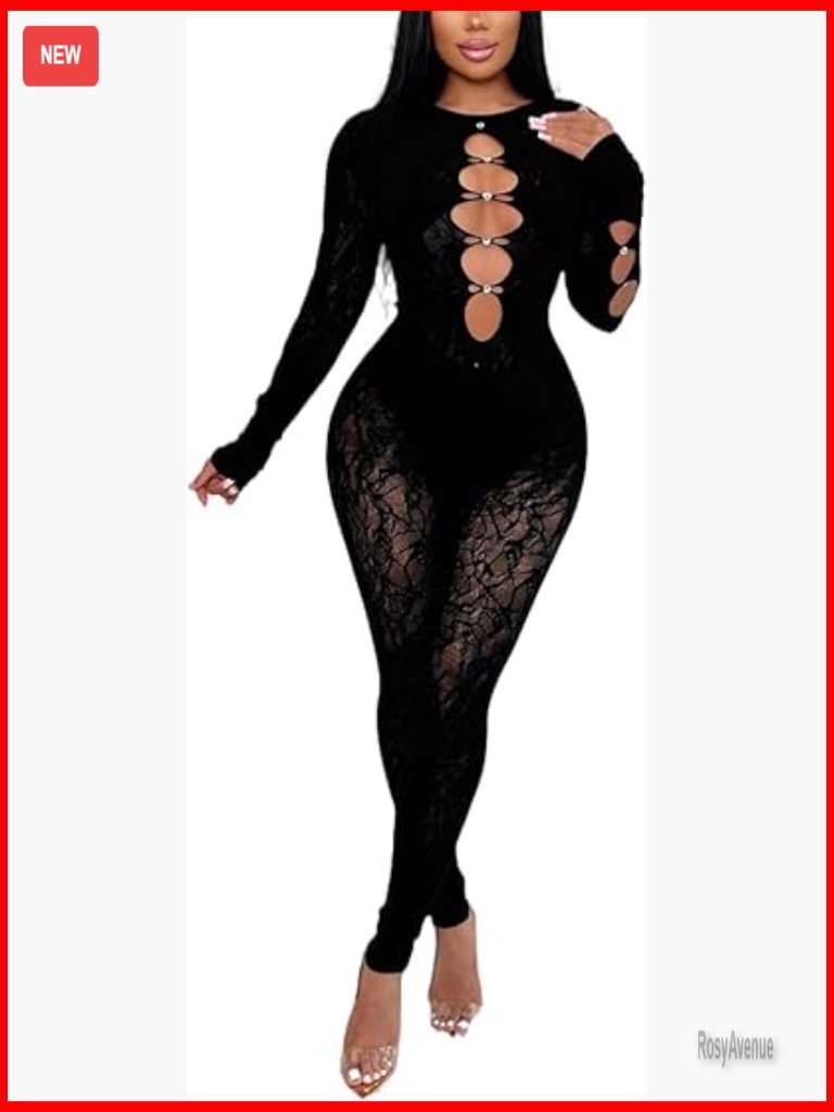 Women's Sexy Long Sleeve Lace Jumpsuit Bodycon Cutout Bodysuit